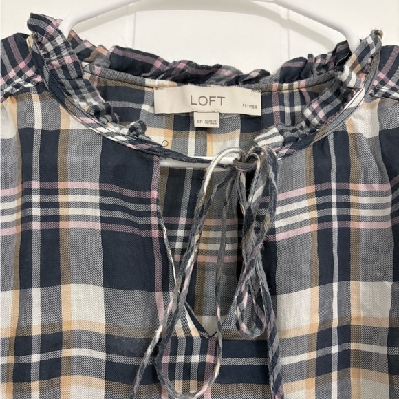 LOFT Navy Plaid Ruffle Blouse - Picture 3 of 3